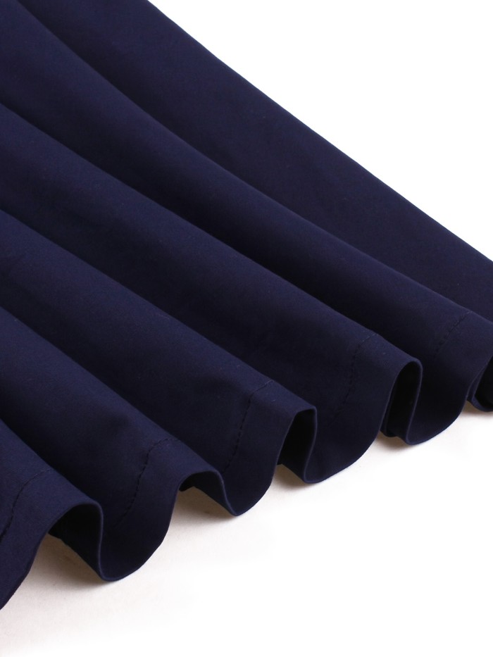 Women'S Navy Blue Single-Breasted Belted Elegant Half Sleeve Spring Summer Autumn 1950S Vintage Clothing Pockets Solid Dresses