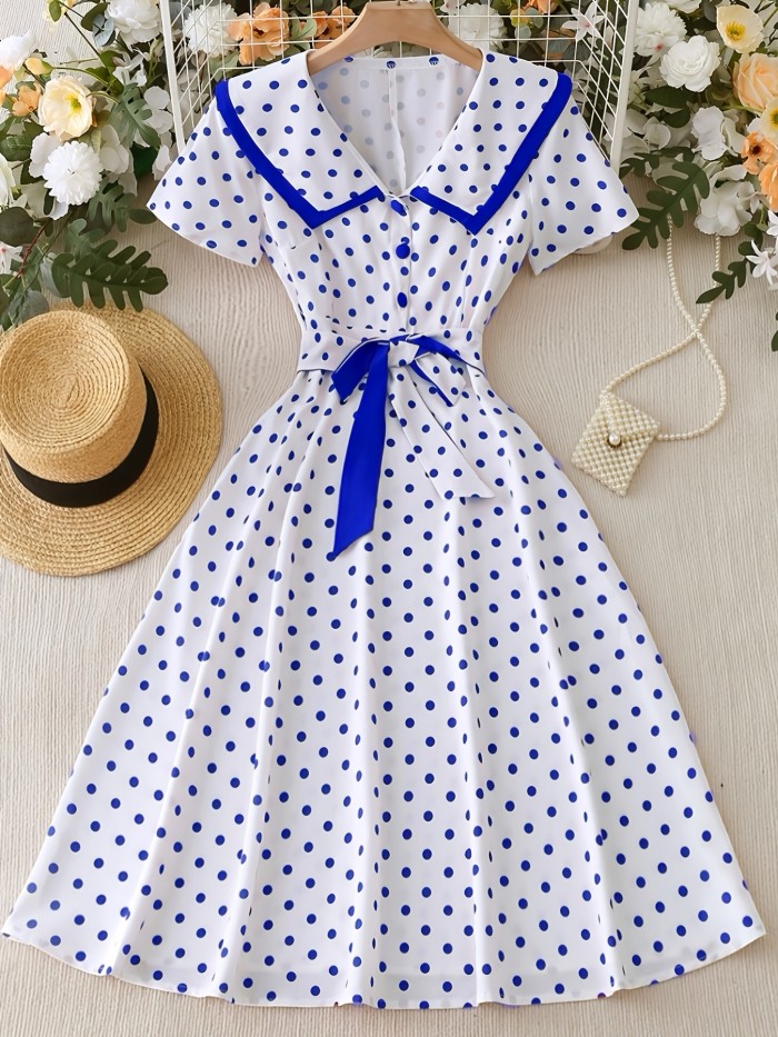 Women's 1950s Vintage Polka Dot A-Line Dress with Belted Waist & Bow Detail - Flared Short Sleeves, Button Front, Machine Washable - Elegant Party & Casual Spring\u002FSummer Dress, Retro Dress