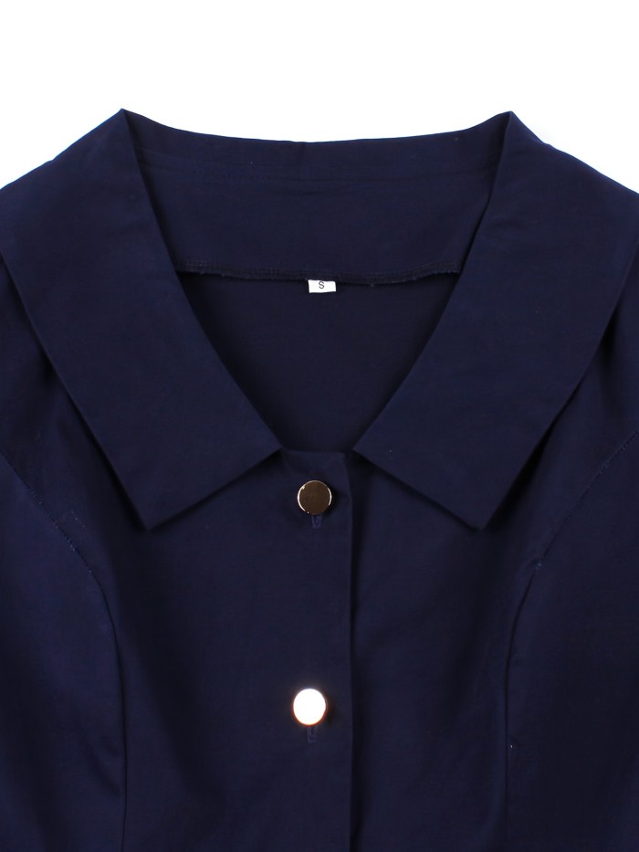 Women'S Navy Blue Single-Breasted Belted Elegant Half Sleeve Spring Summer Autumn 1950S Vintage Clothing Pockets Solid Dresses