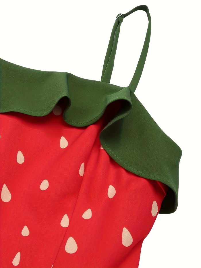 Plus Size - Plus Size - Plus Size Women'S Elegant Retro Series 50S Playful Ruffle Sleeveless Shoulder Strap Bow Belt Tie A-Line And Meat-Covering Dress, Cute Strawberry Print Is Suitable for Sweet Dating Wear