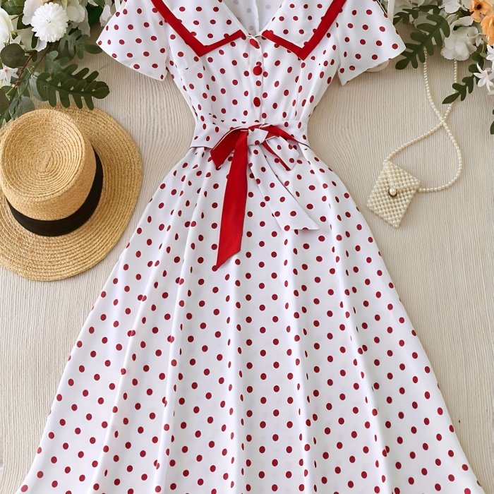 Women's 1950s Vintage Polka Dot A-Line Dress with Belted Waist & Bow Detail - Flared Short Sleeves, Button Front, Machine Washable - Elegant Party & Casual Spring\u002FSummer Dress, Retro Dress