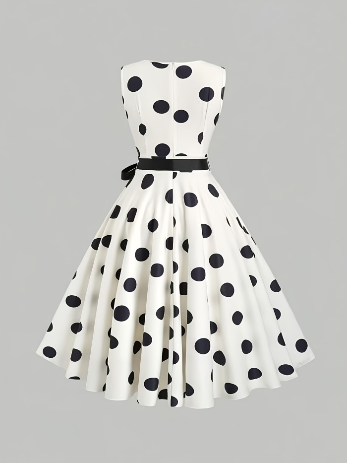 Elegant French Style 1950S Classic Large Polka Dot Sleeveless V-Neck High-Waisted Flared Mid-Length Dress