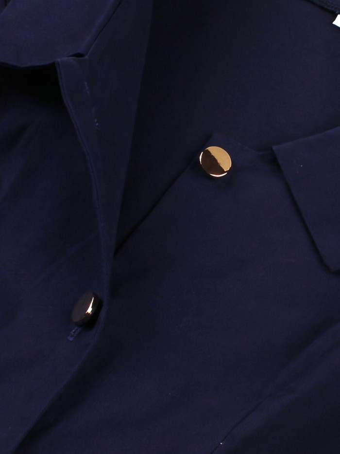 Women'S Navy Blue Single-Breasted Belted Elegant Half Sleeve Spring Summer Autumn 1950S Vintage Clothing Pockets Solid Dresses