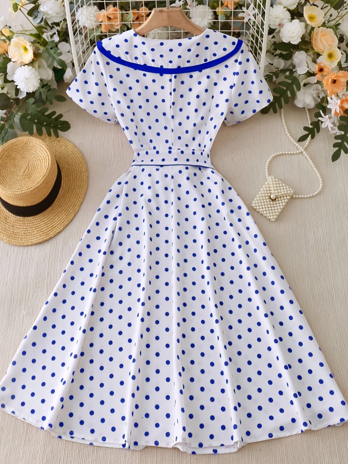 Women's 1950s Vintage Polka Dot A-Line Dress with Belted Waist & Bow Detail - Flared Short Sleeves, Button Front, Machine Washable - Elegant Party & Casual Spring\u002FSummer Dress, Retro Dress