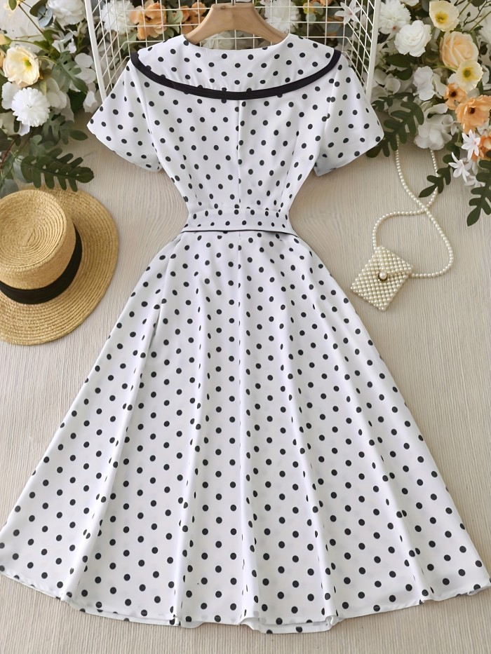 Women's 1950s Vintage Polka Dot A-Line Dress with Belted Waist & Bow Detail - Flared Short Sleeves, Button Front, Machine Washable - Elegant Party & Casual Spring\u002FSummer Dress, Retro Dress