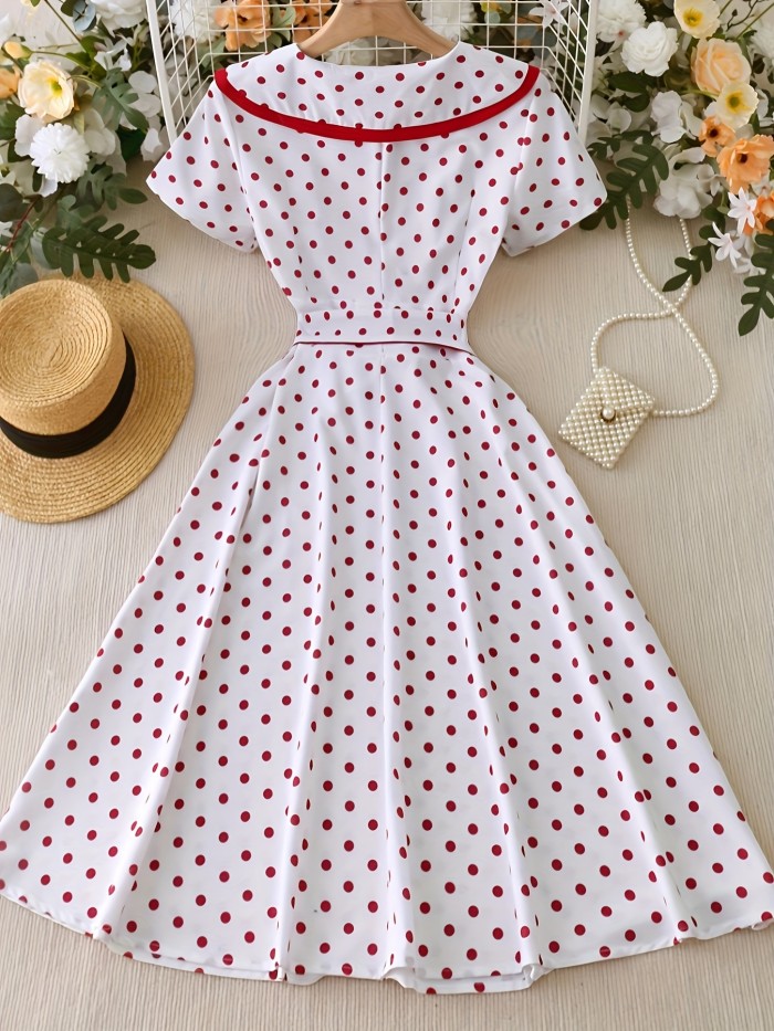 Women's 1950s Vintage Polka Dot A-Line Dress with Belted Waist & Bow Detail - Flared Short Sleeves, Button Front, Machine Washable - Elegant Party & Casual Spring\u002FSummer Dress, Retro Dress
