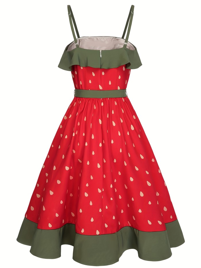 Plus Size - Plus Size - Plus Size Women'S Elegant Retro Series 50S Playful Ruffle Sleeveless Shoulder Strap Bow Belt Tie A-Line And Meat-Covering Dress, Cute Strawberry Print Is Suitable for Sweet Dating Wear