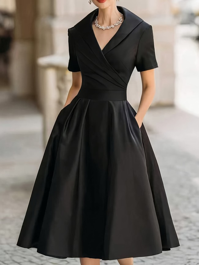 Elegant Vintage Hepburn Dress for Women, V-Neck Short Sleeve, Waist-Cinching Flared Gown Dress