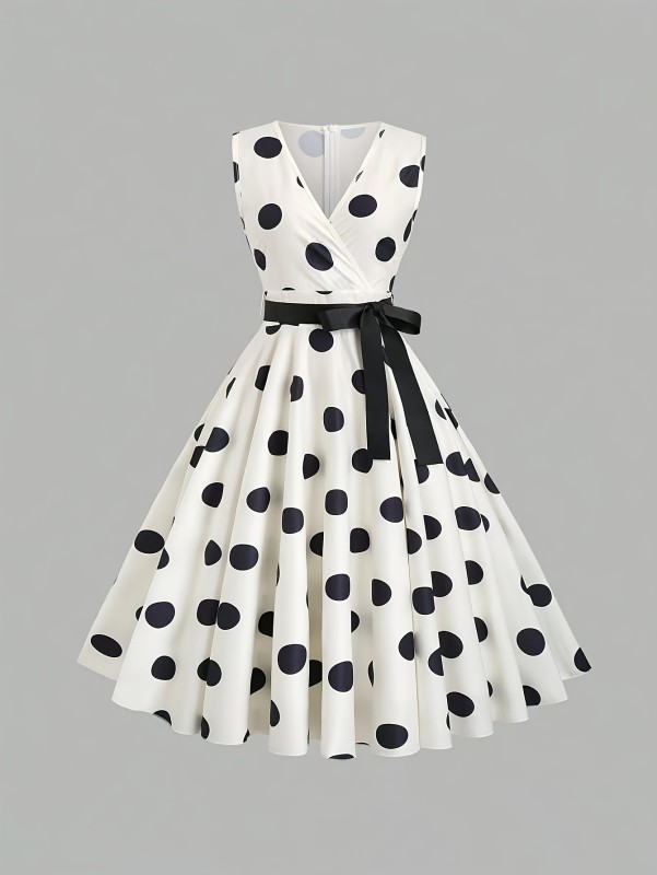 Elegant French Style 1950S Classic Large Polka Dot Sleeveless V-Neck High-Waisted Flared Mid-Length Dress