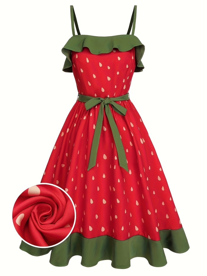 Plus Size - Plus Size - Plus Size Women'S Elegant Retro Series 50S Playful Ruffle Sleeveless Shoulder Strap Bow Belt Tie A-Line And Meat-Covering Dress, Cute Strawberry Print Is Suitable for Sweet Dating Wear