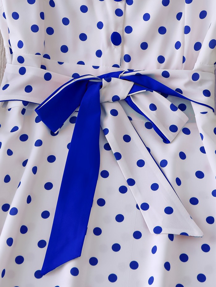Women's 1950s Vintage Polka Dot A-Line Dress with Belted Waist & Bow Detail - Flared Short Sleeves, Button Front, Machine Washable - Elegant Party & Casual Spring\u002FSummer Dress, Retro Dress