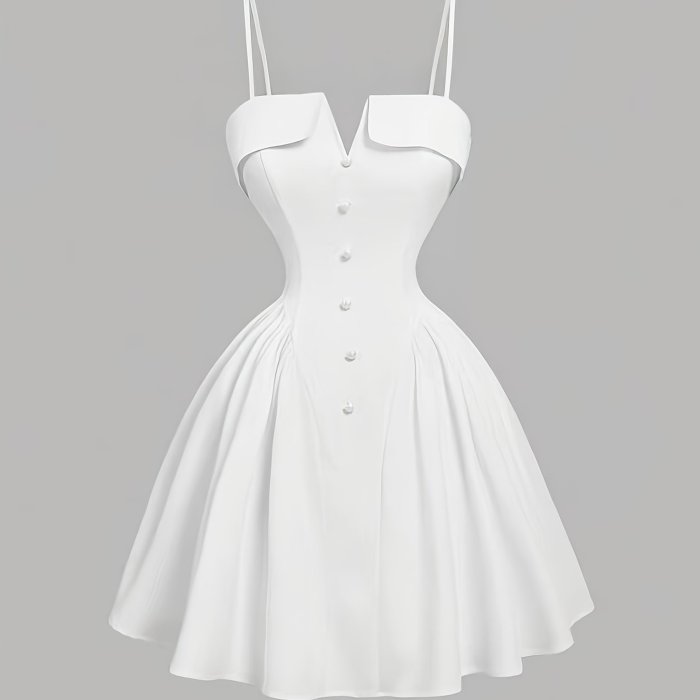 Women'S V-Neck White Waist Sleeveless Dress