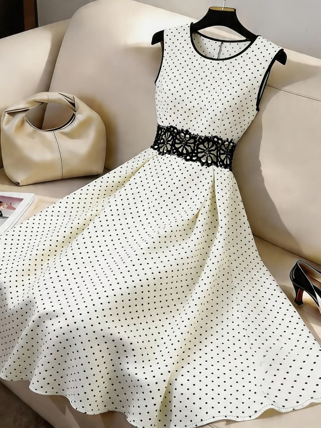 Women'S Polka Dot Cutout Lace Trim A-Line Midi Dress, Elegant French Retro Sleeveless Vest Dress