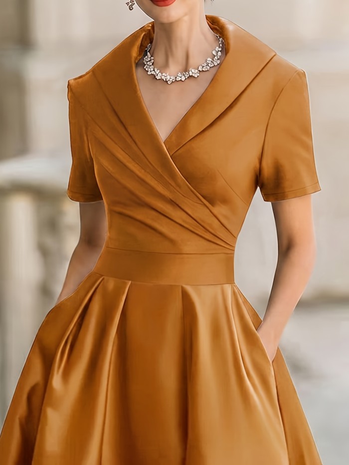 Elegant Vintage Hepburn Dress for Women, V-Neck Short Sleeve, Waist-Cinching Flared Gown Dress