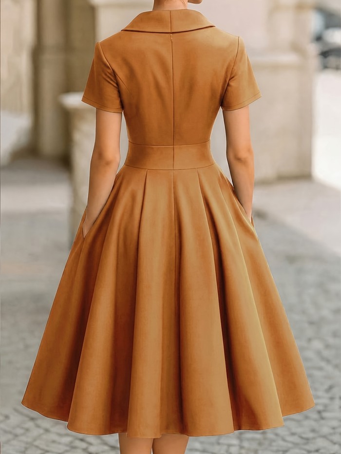 Elegant Vintage Hepburn Dress for Women, V-Neck Short Sleeve, Waist-Cinching Flared Gown Dress