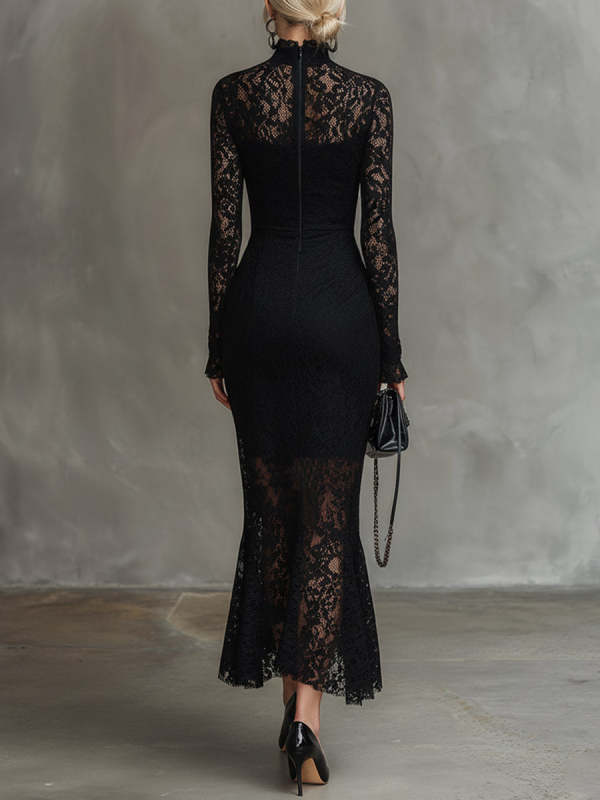 Women's Solid-color Stand-collar Long-sleeve Casual Slim-fit Lace Dress
