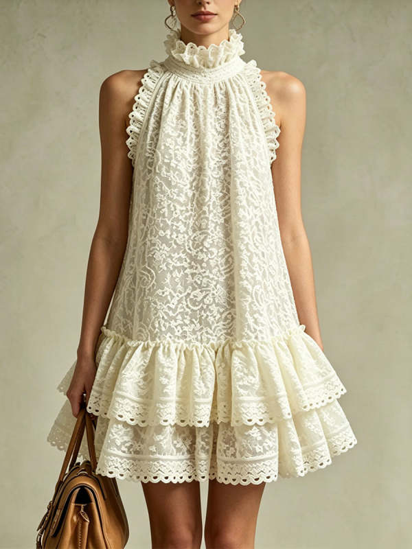 Women's Vintage Beige Lace Sleeveless Ruffled Mini Dress