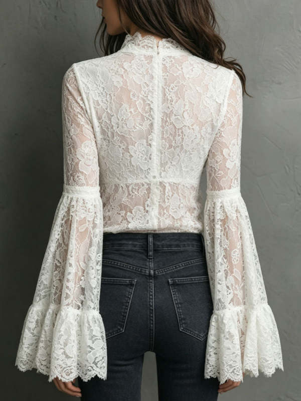 Women's Lace Flared-sleeve V-neck Long-sleeve Shirt
