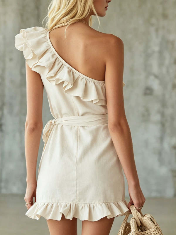 Women's Solid-color Off-shoulder Ruffled Lace-up Mini Dress