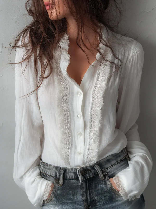 Women's Minimalist Lace Cotton And Linen Long Sleeve Shirt