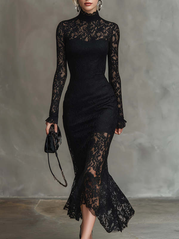 Women's Solid-color Stand-collar Long-sleeve Casual Slim-fit Lace Dress