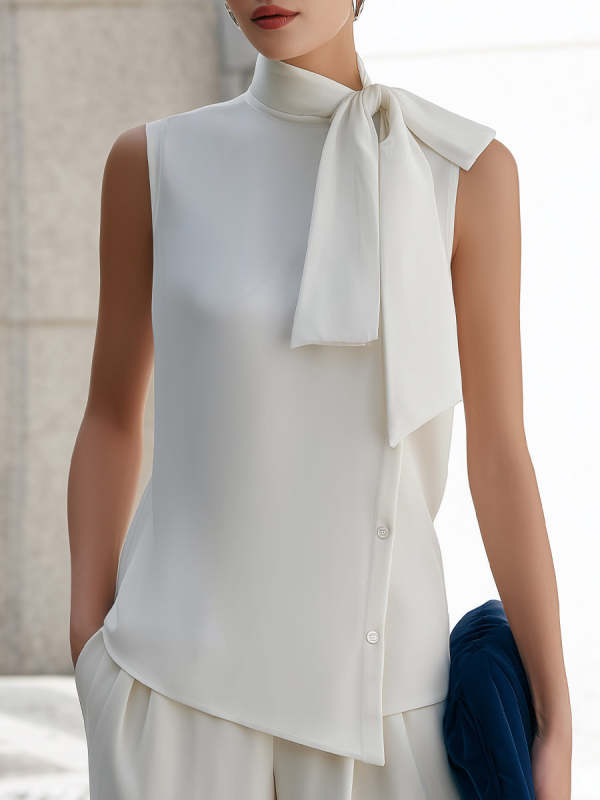 Women's Solid-color Stand-collar Lace-up Sleeveless Loose-fit Casual Top