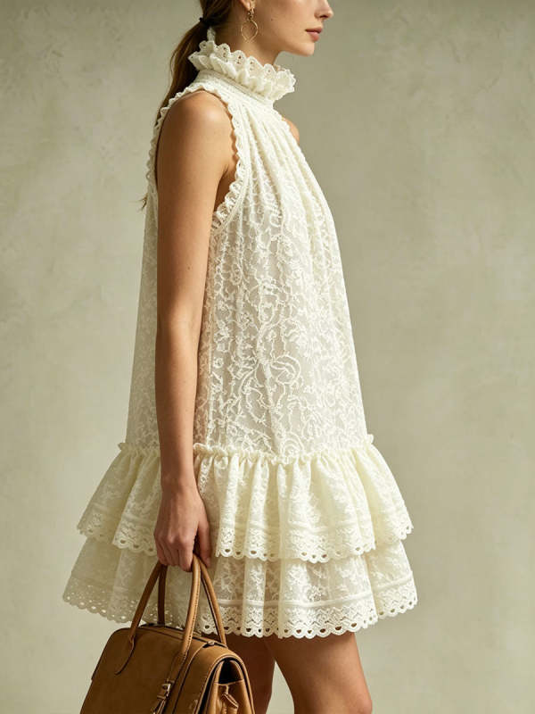 Women's Vintage Beige Lace Sleeveless Ruffled Mini Dress