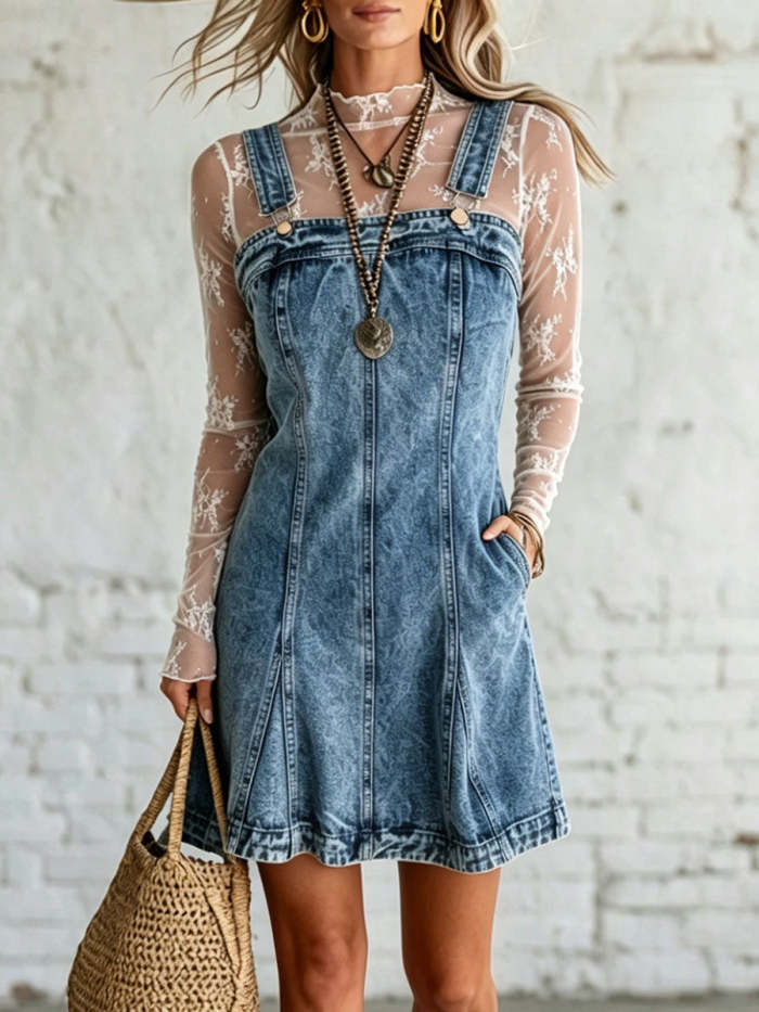Women's Casual Loose-fitting Linen And Cotton Lace Long Sleeves Dress