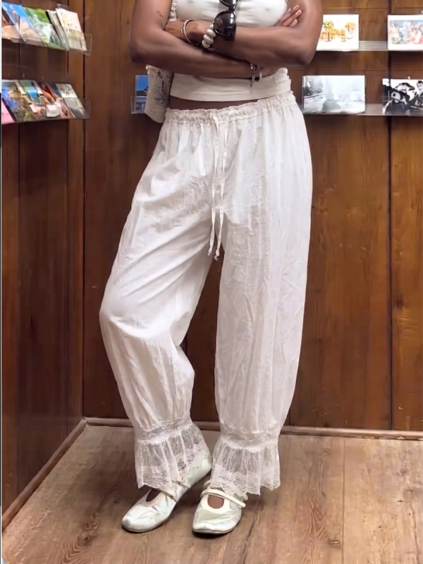 High Waisted Drawstring Elasticity Pockets See-Through Solid Color Split-Joint Pants Trousers