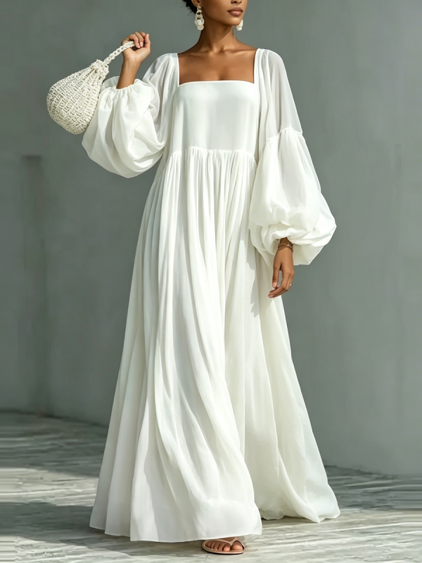 High Waisted Long Sleeves Backless Elasticity Solid Color Split-Joint Zipper Square-Neck Maxi Dresses