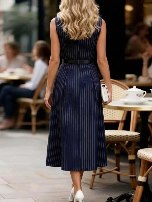 Women's Vintage Navy Striped Sleeveless Dress With Notched Collar And Fitted Waist