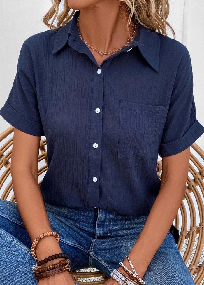 Navy Pocket Short Sleeve Shirt Collar Blouse