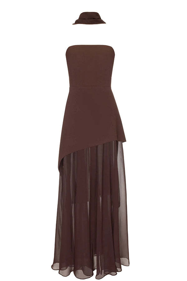 Monaco Off Shoulder Structured Top Chiffon Slit Hem Scarf Maxi Dress
