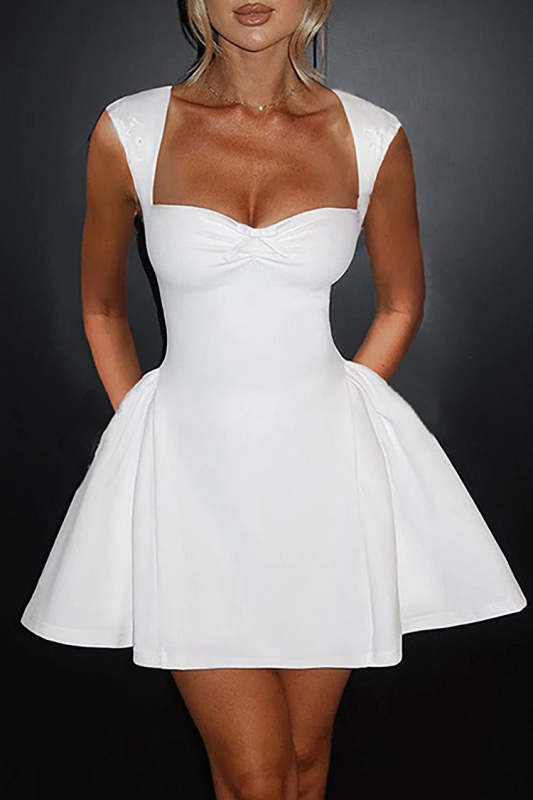 Irregular Neck Front Ruched Wide Straps Solid Color A-Line Mini Dress