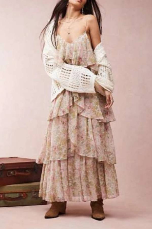 Elegant Floral Print Layered Flowy Sling Maxi Dress