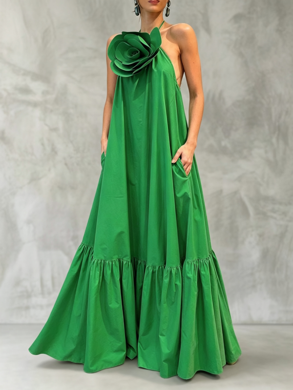 A-Line Loose Backless Pleated Pockets Solid Color Three-Dimensional Flower Halter-Neck Maxi Dresses