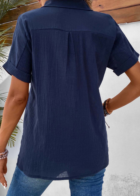 Navy Pocket Short Sleeve Shirt Collar Blouse