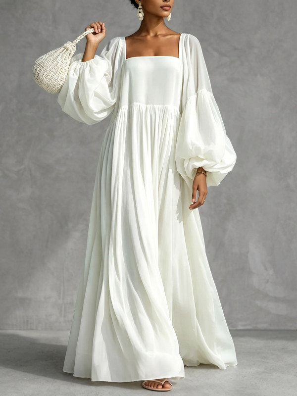High Waisted Long Sleeves Backless Elasticity Solid Color Split-Joint Zipper Square-Neck Maxi Dresses
