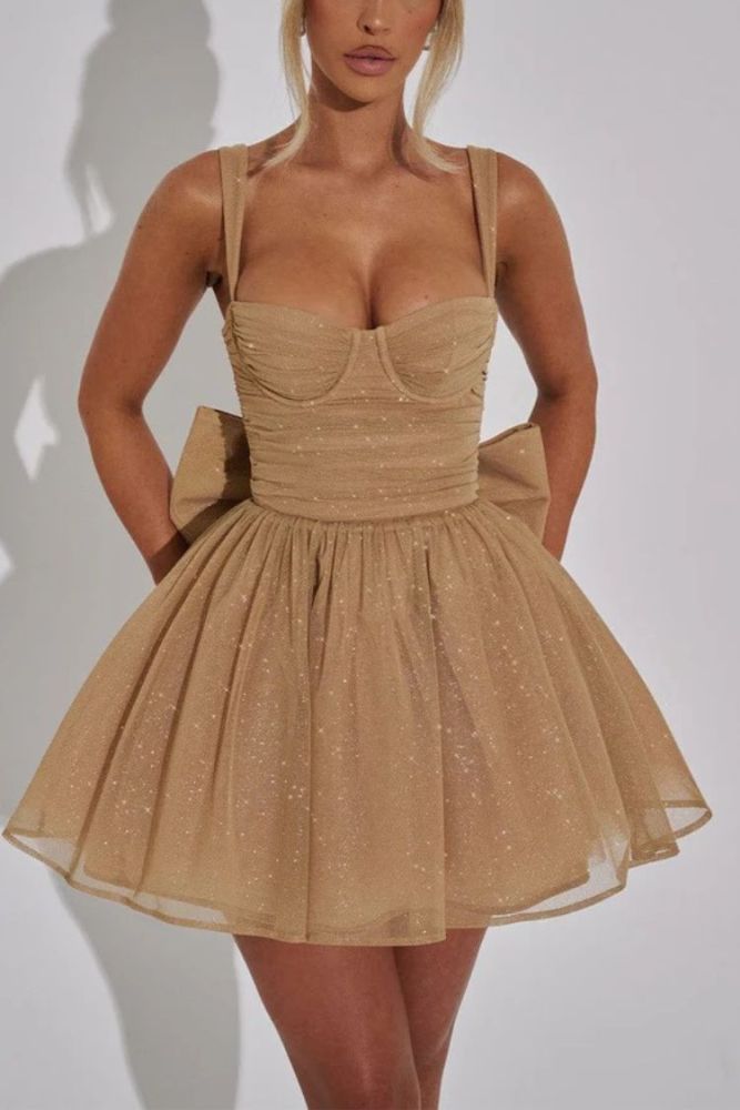 Glittering Cinch Waist Back Bow Decor Slip Mini Dress