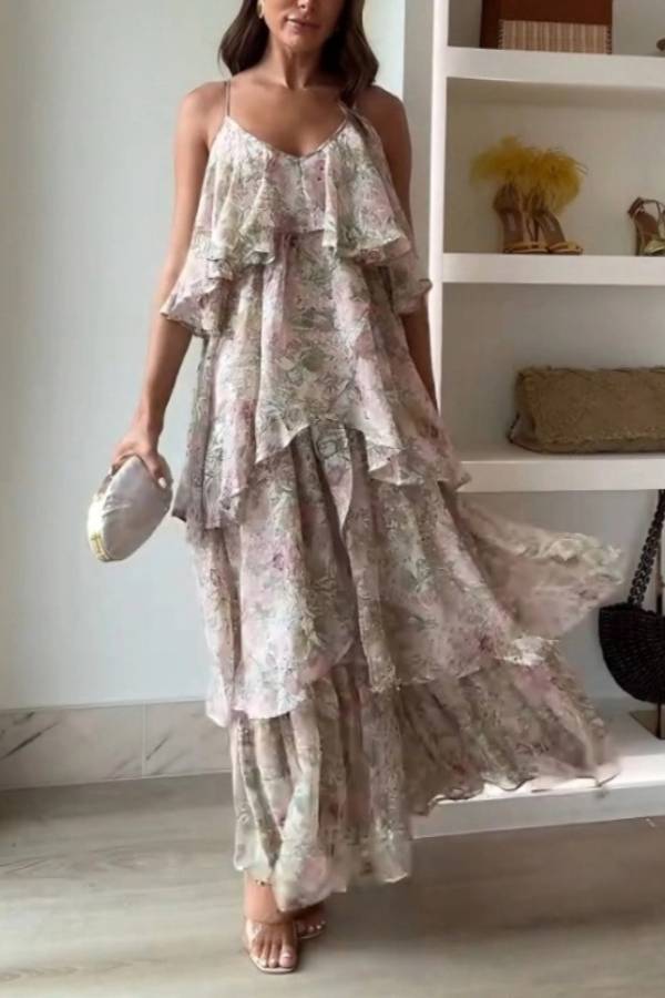 Elegant Floral Print Layered Flowy Sling Maxi Dress