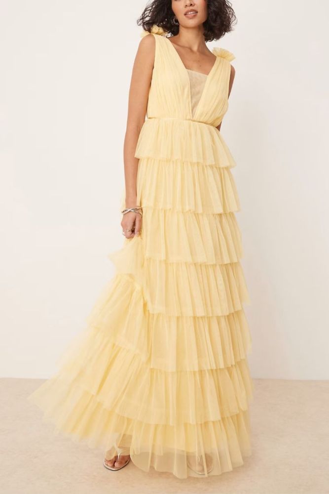 Wedding Season Tulle Plunge Front Tiered Maxi Dress