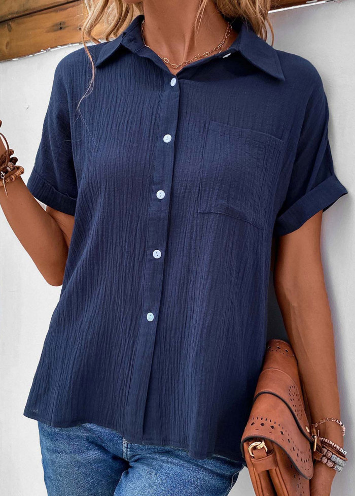 Navy Pocket Short Sleeve Shirt Collar Blouse