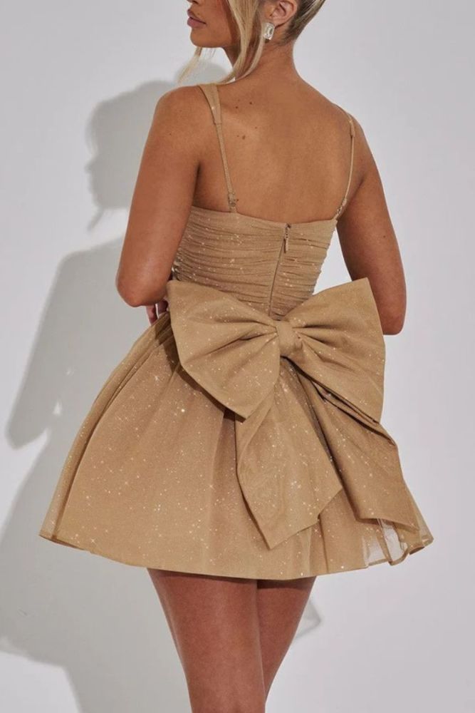 Glittering Cinch Waist Back Bow Decor Slip Mini Dress