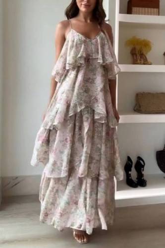 Elegant Floral Print Layered Flowy Sling Maxi Dress