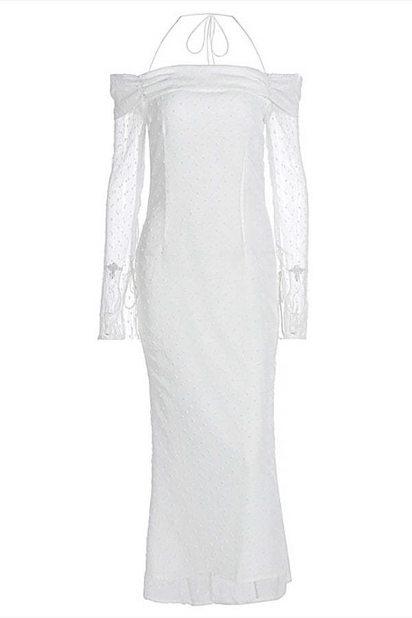 Off Shoulder Long Sleeve Bodycon Halter Fishtail Textured Maxi Dresses-White
