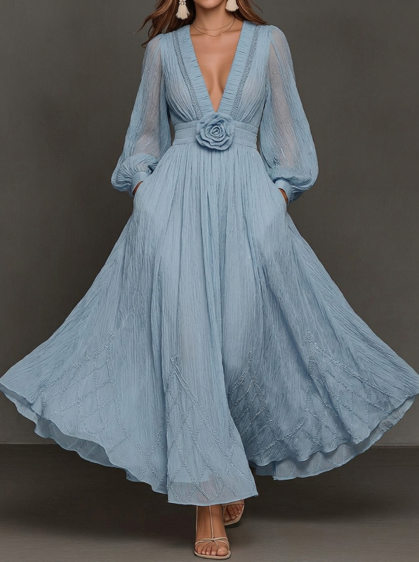 Dusty Blue Deep V-Neck Floral Applique Maxi Dress