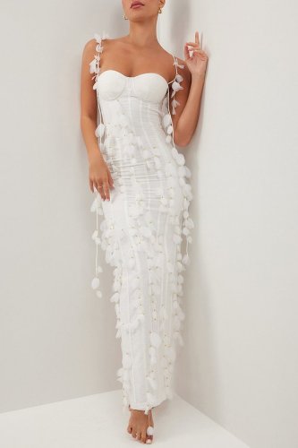 Floral Petal Decor Slip Corset Backless Slit Prom Maxi Dresses