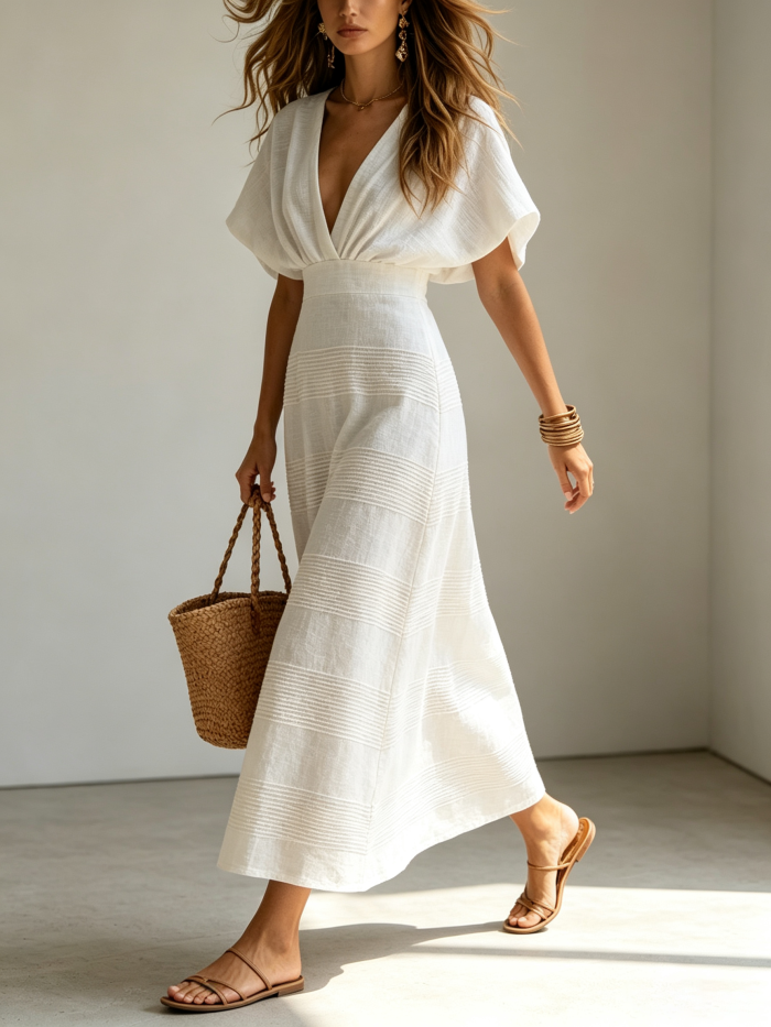 White Cross-over V-neck Batwing Sleeve A-line Pleated Midi Dress