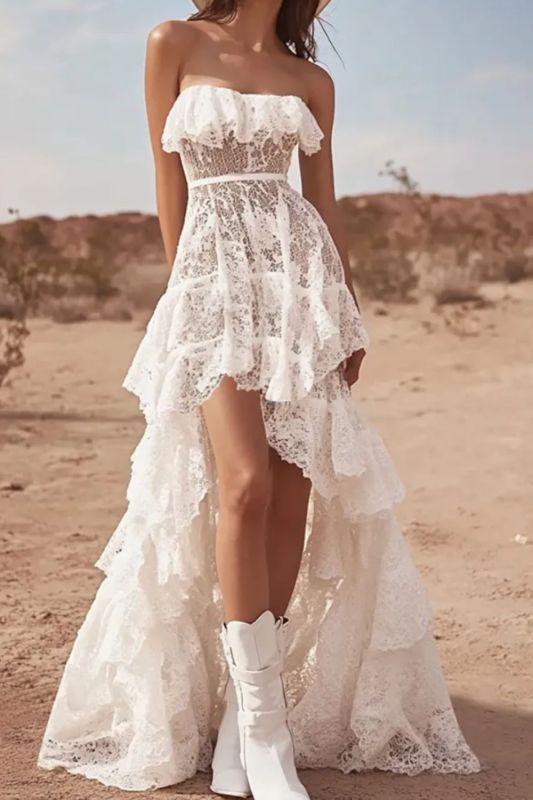 White Lace Strapless High-Low A Line Boho Maxi Dress with Ruffles