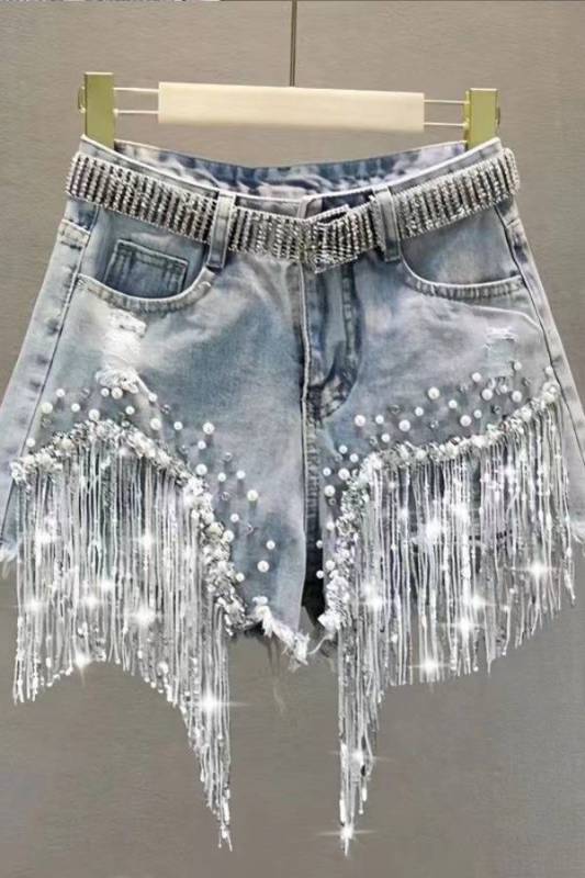 Rhinestone Waistband Pearl Sequin Fringe Distressed Denim Hot Pants High Waist Y2K Shorts